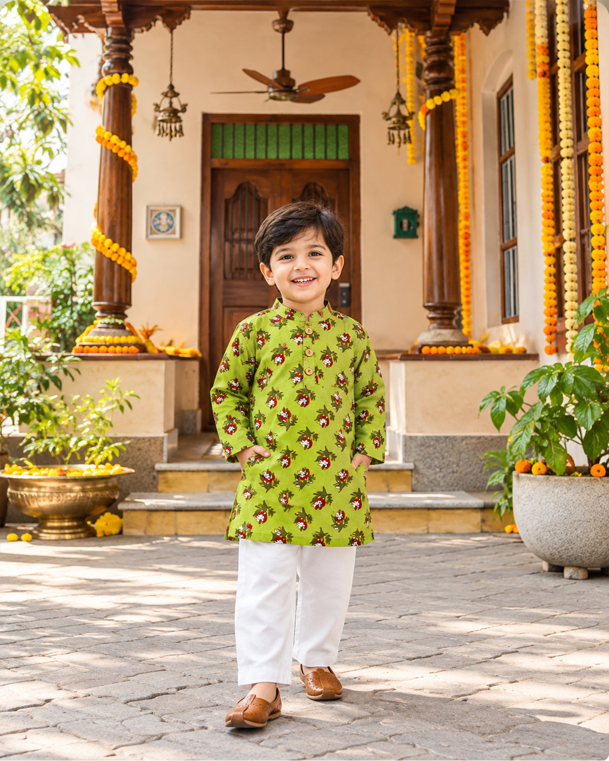 Boys Handblook Print Kurta Pajama Set - Green Colour 146