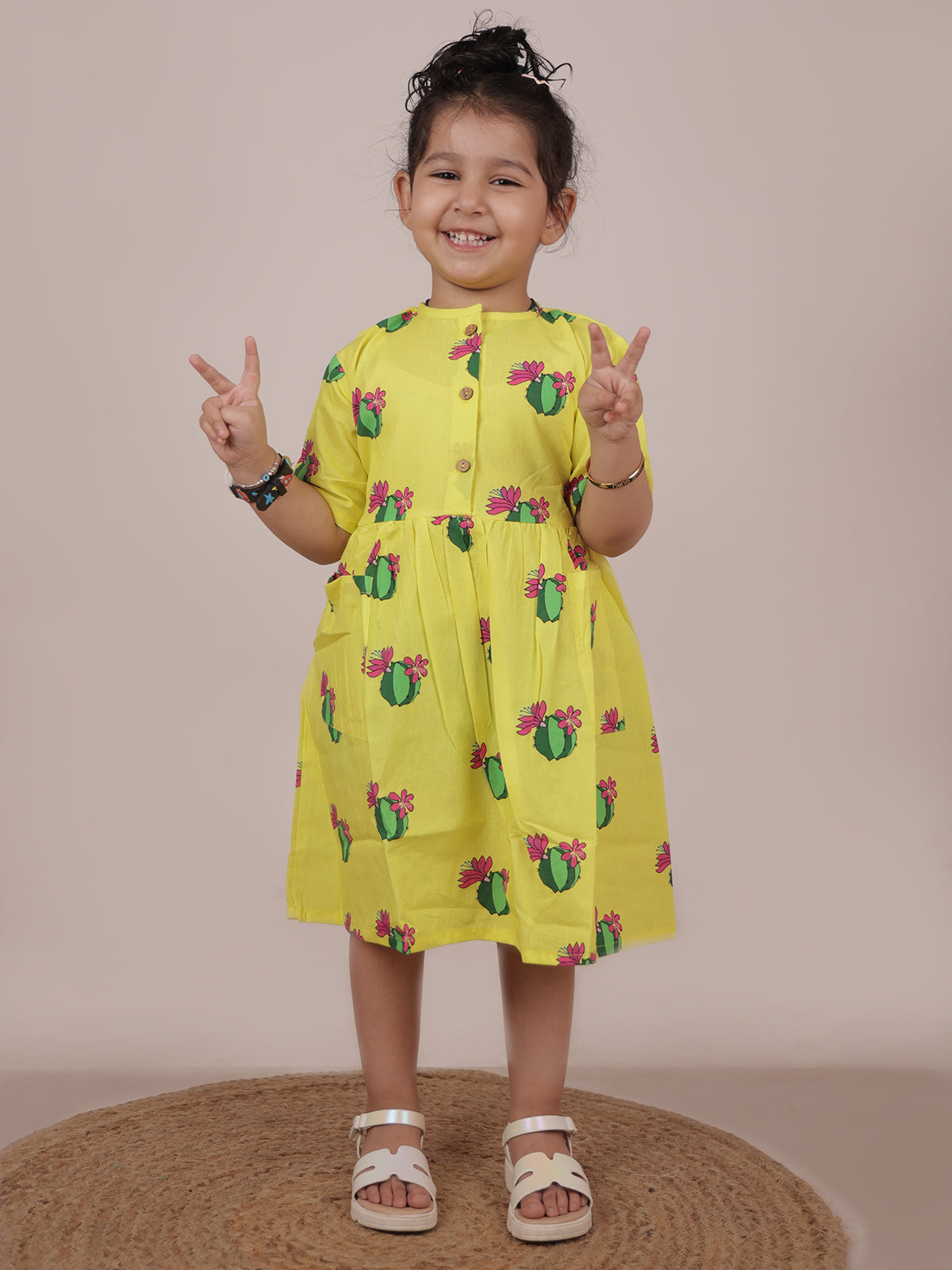 Cute Cactus Bright Yellow Cotton Dress - 01