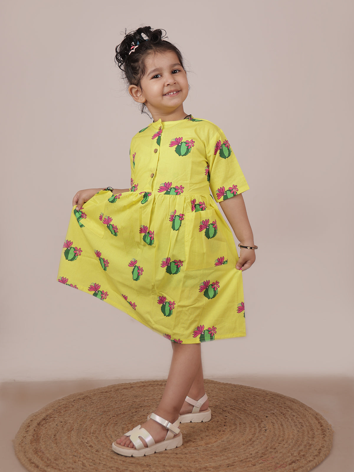 Cute Cactus Bright Yellow Cotton Dress - 01