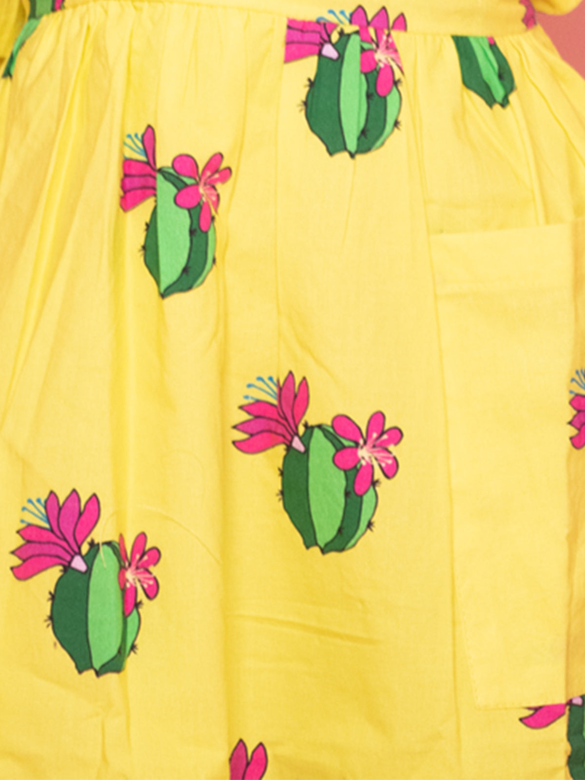 Cute Cactus Bright Yellow Cotton Dress - 01