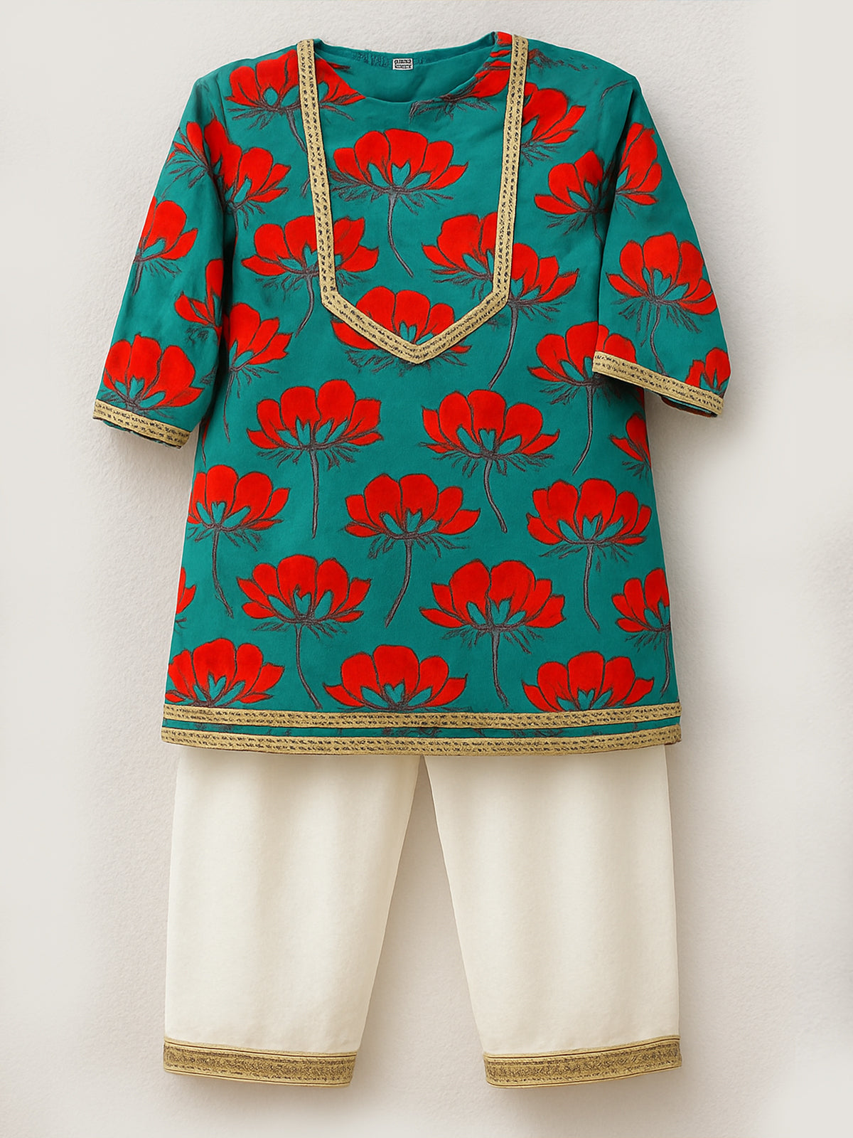 Girls Cotton Kurta Pajama Set – Aqua Flower Print - 74