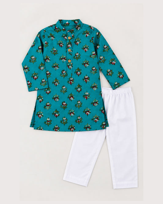 Boys Handblook Print Kurta Pajama Set - Dark Green Colour 148