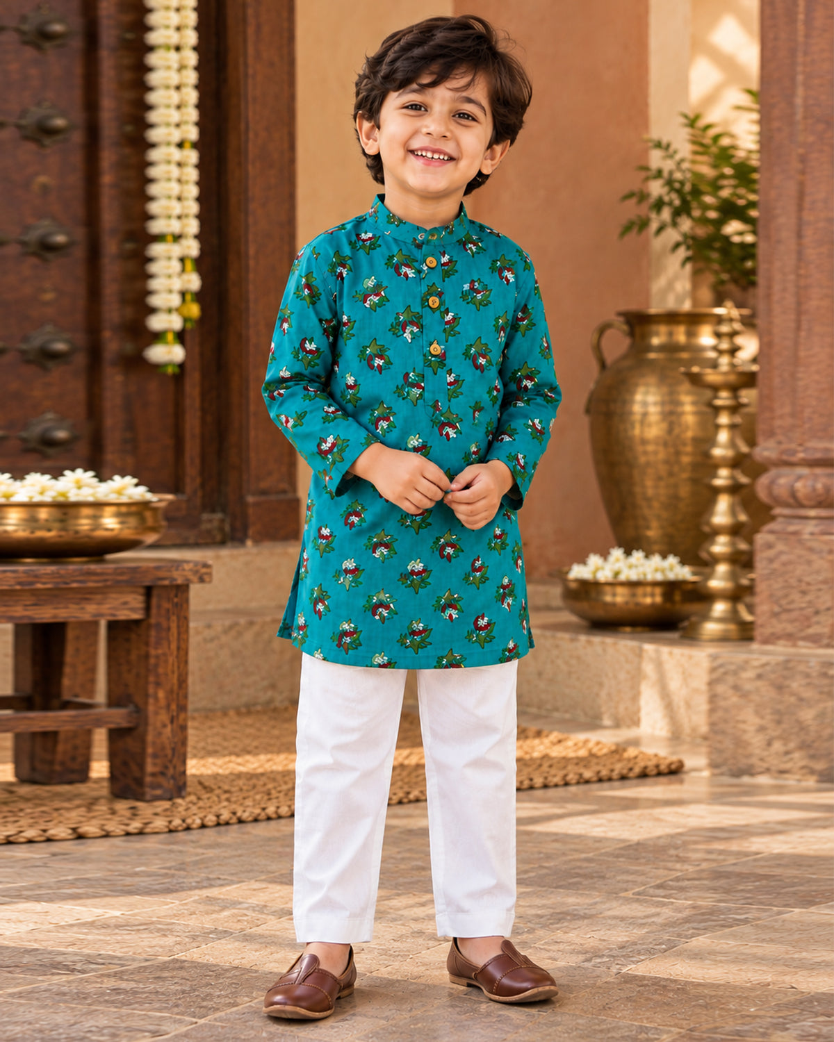Boys Handblook Print Kurta Pajama Set - Dark Green Colour 148