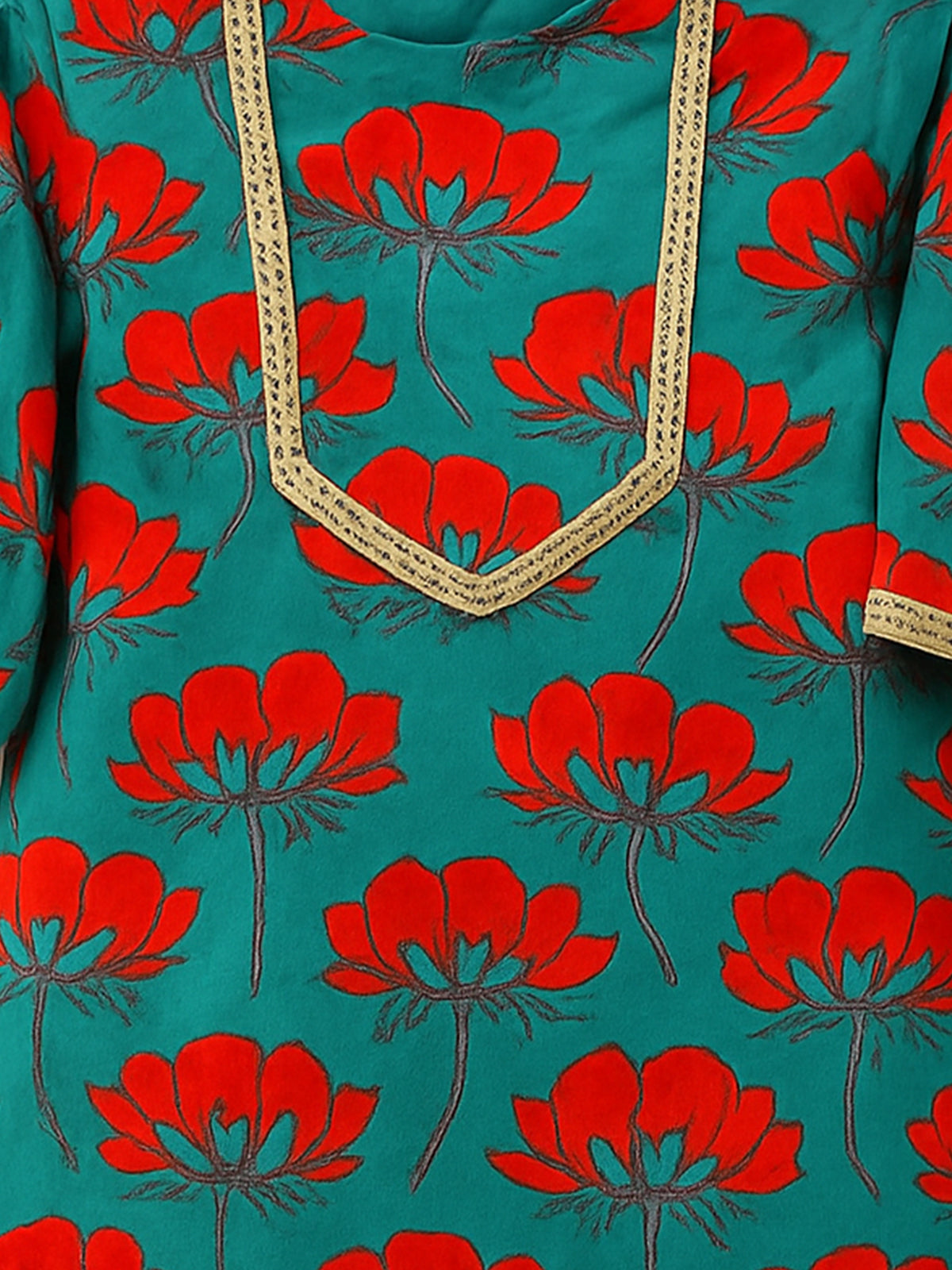 Girls Cotton Kurta Pajama Set – Aqua Flower Print - 74