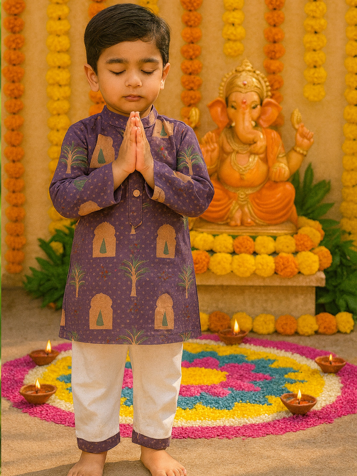 Boys Cotton Jharoka Floral Print Kurta Pajama Set - 71