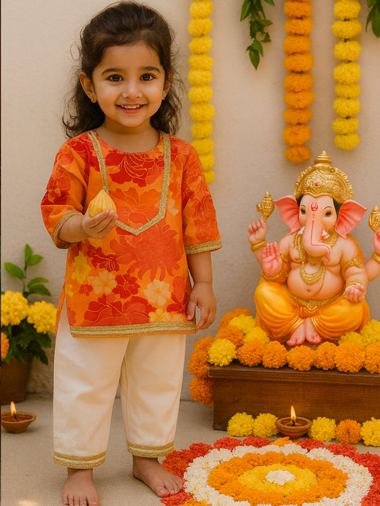 Girls Cotton Kurta Pajama Set – Orange Floral Bloom - 72