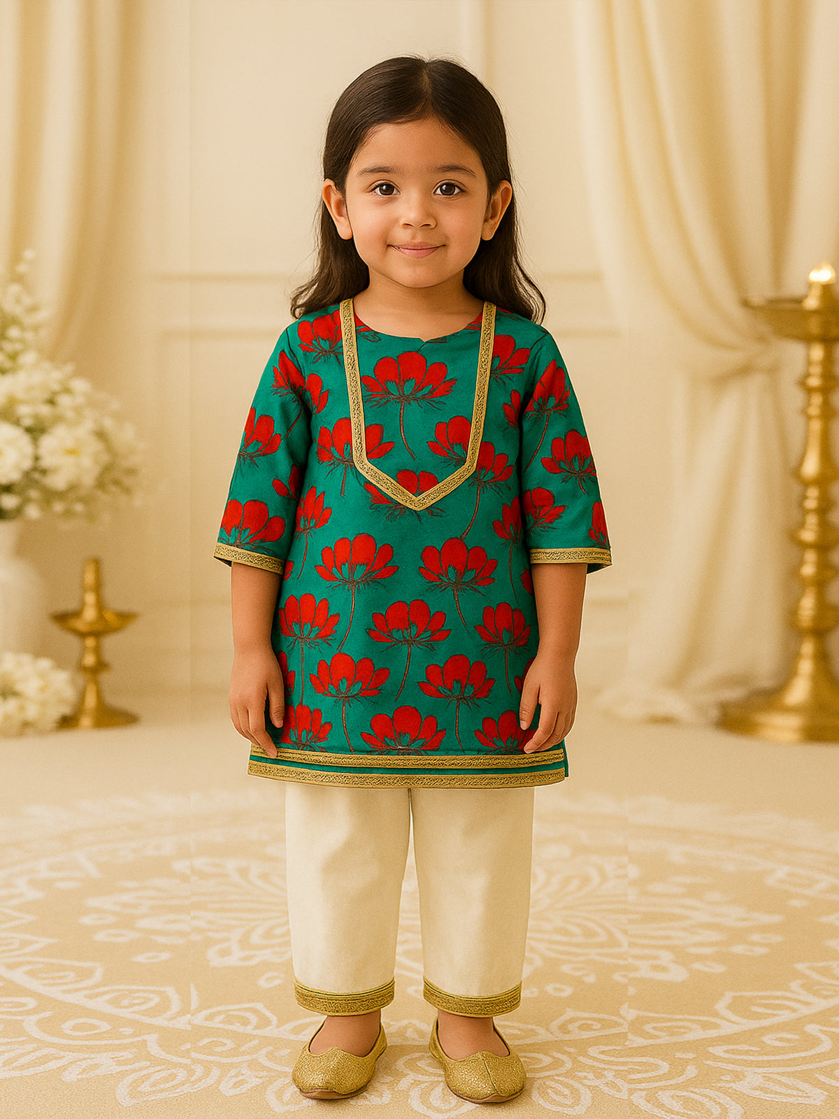 Girls Cotton Kurta Pajama Set – Aqua Flower Print - 74