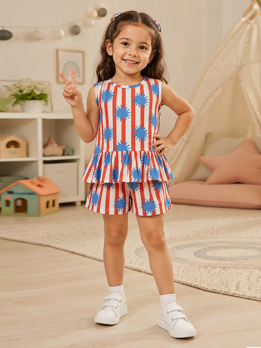 Red Stripes Crop Top & Shorts Set For Girls - 129