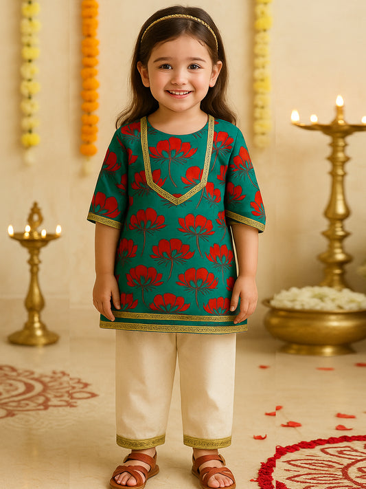 Girls Cotton Kurta Pajama Set – Aqua Flower Print - 74