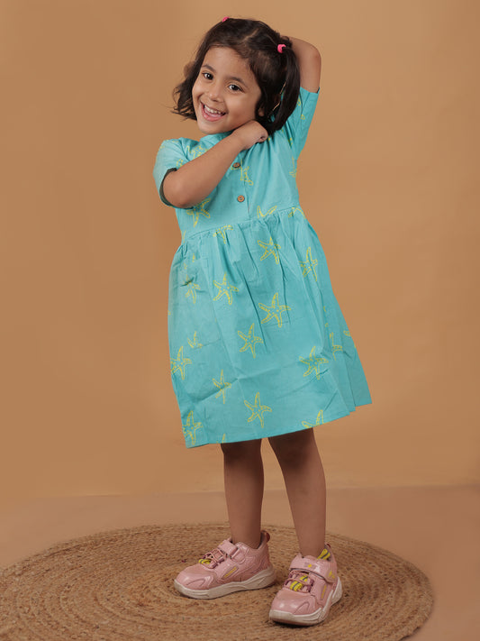 Star Fish -Turquoise Blue Cotton Dress - 03