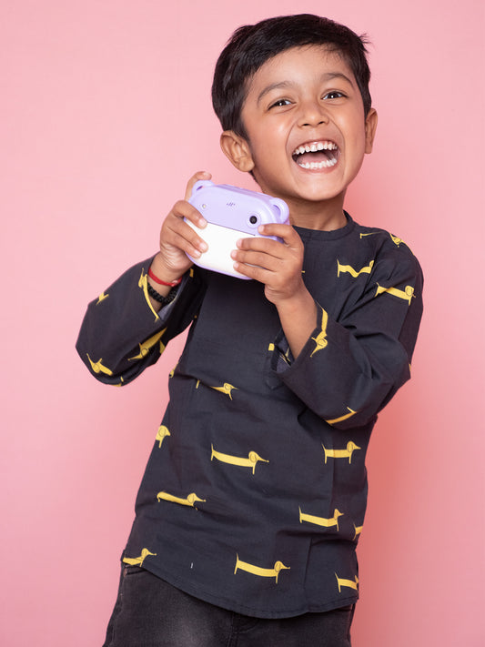 Unisex Cotton Short Kurta - Black with Doggy Print - 13