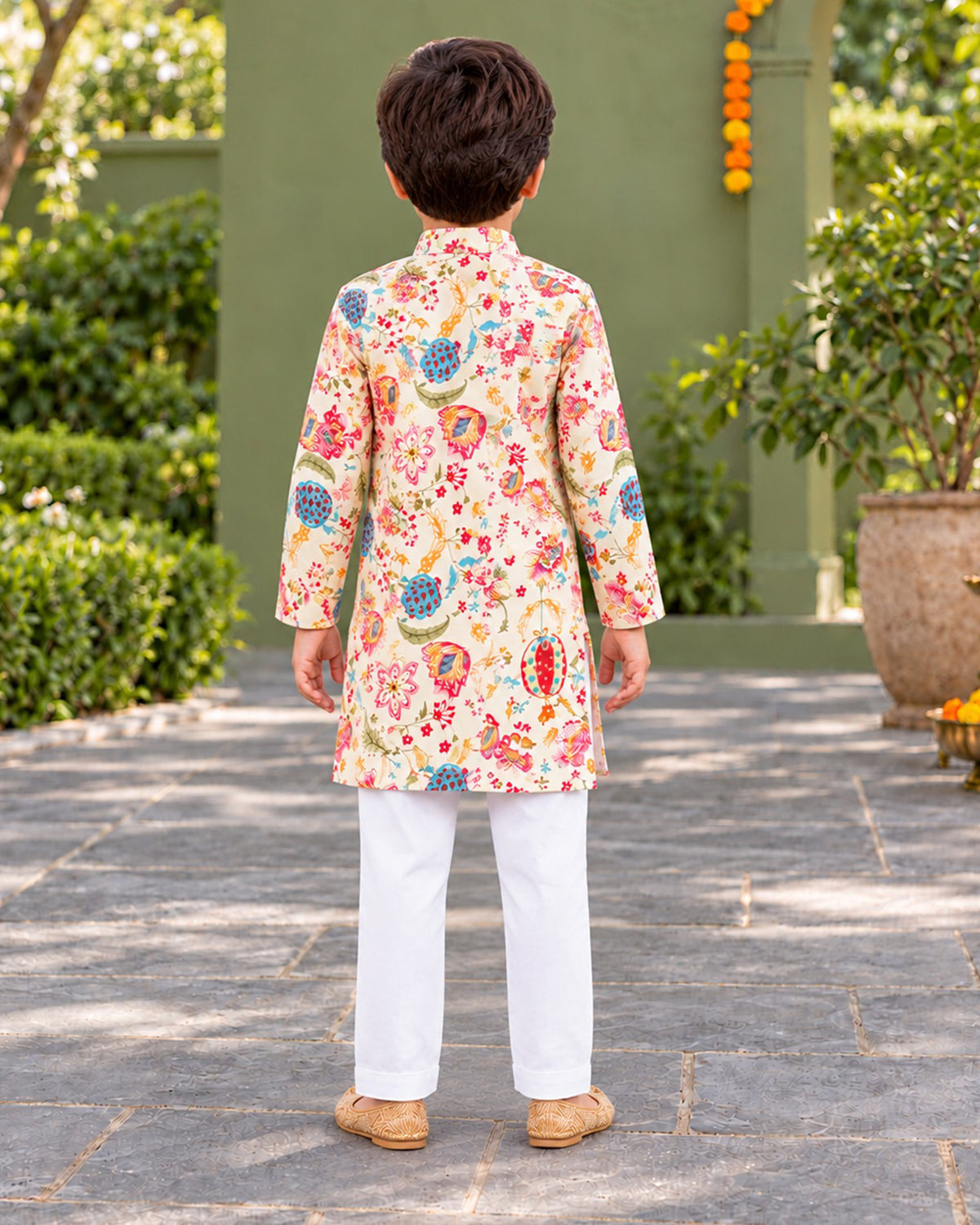 Boys Handblook Print Kurta Pajama Set - White Colour 147