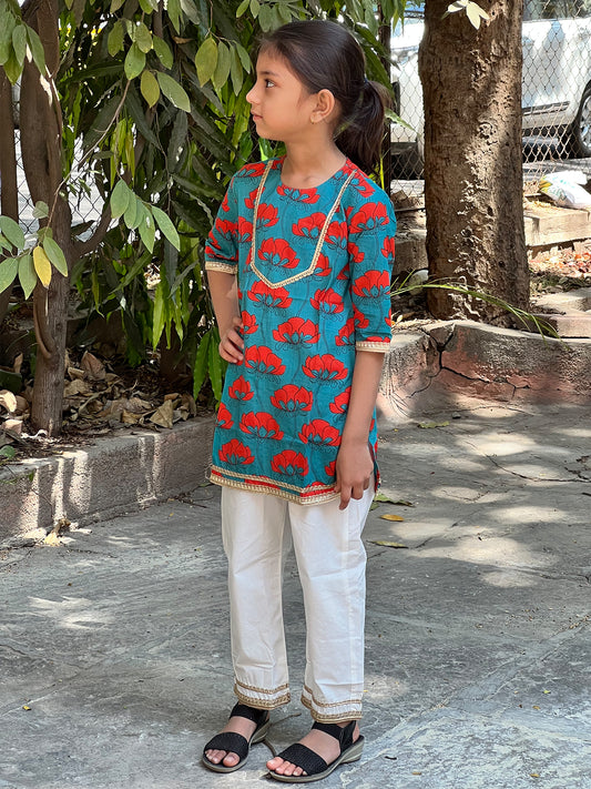 Girls Cotton Kurta Pajama Set – Aqua Flower Print - 74