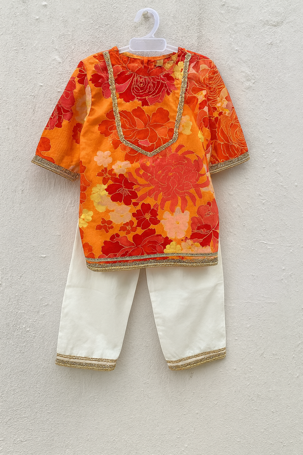 Girls Cotton Kurta Pajama Set – Orange Floral Bloom - 72