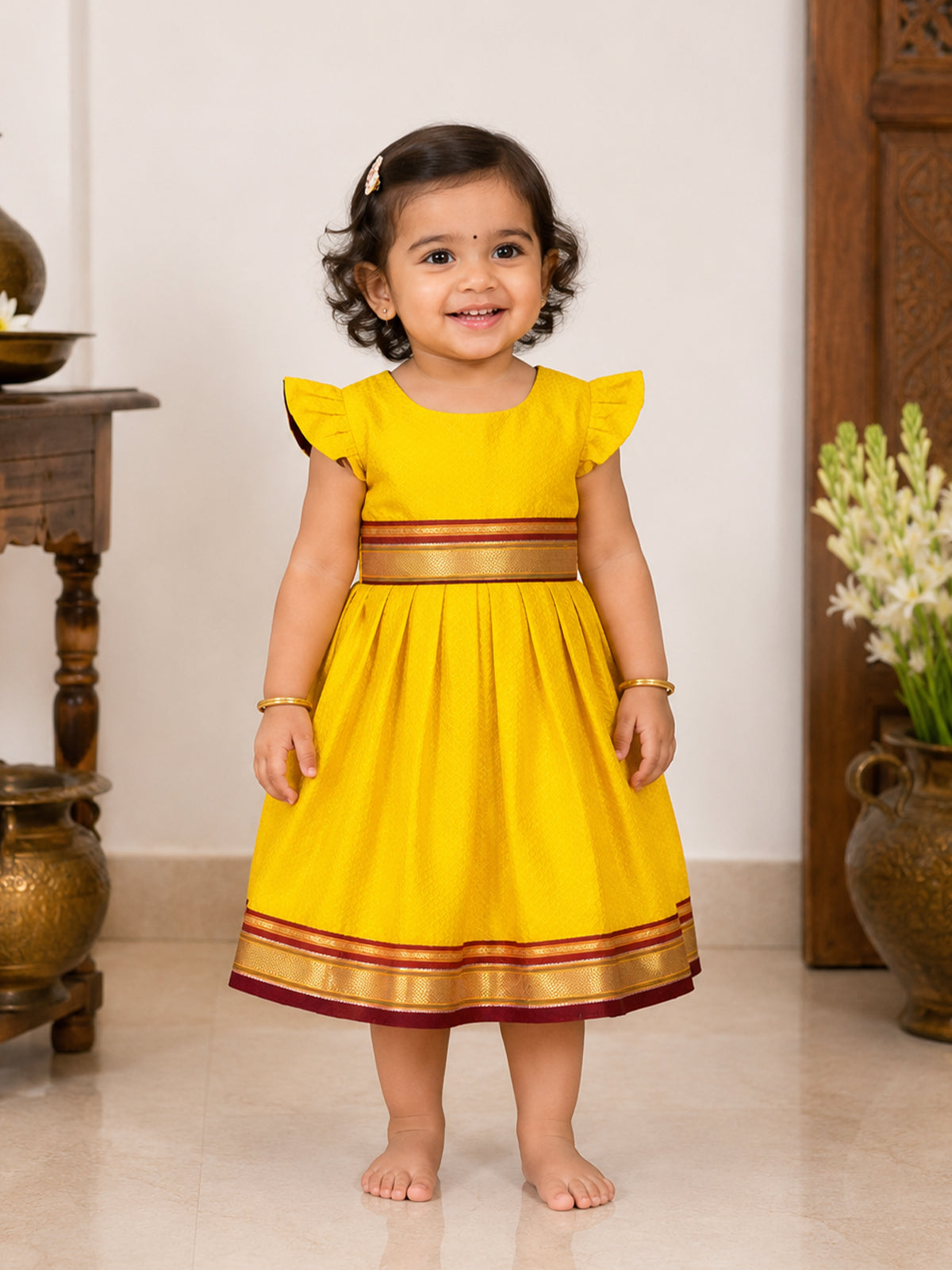 Magical Reversible khan Frocks For Girls - Yellow - 140