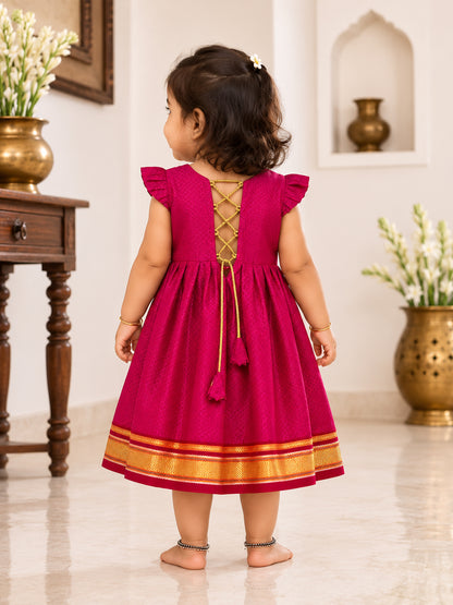 Magical Reversible khan Frocks For Girls - Red - 138