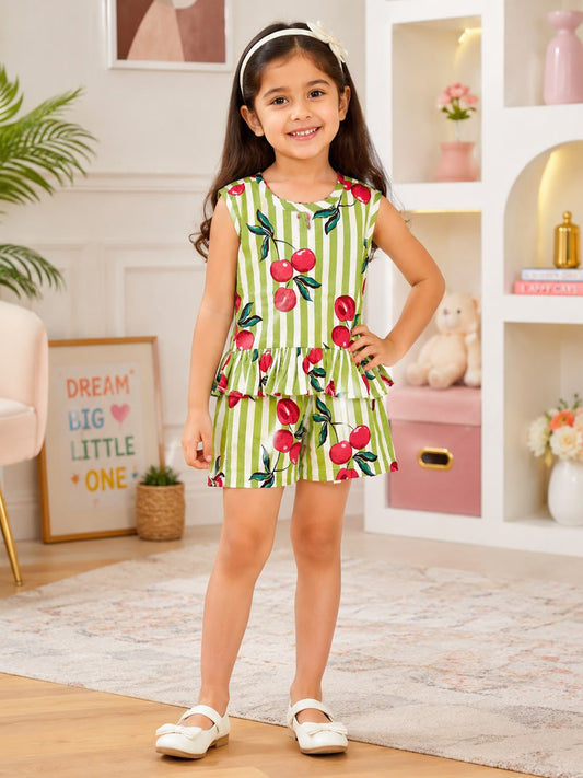 Girls Floral Cherry Printed Pure Cotton Top with Shorts Frock - 128