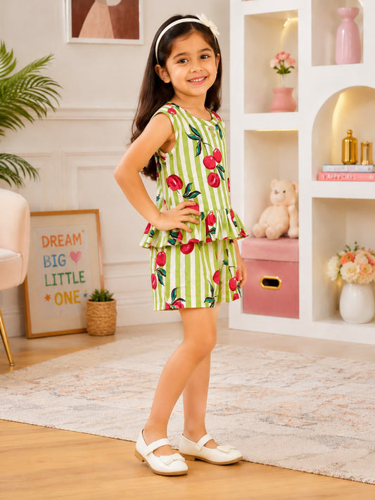 Girls Floral Cherry Printed Pure Cotton Top with Shorts Frock - 128