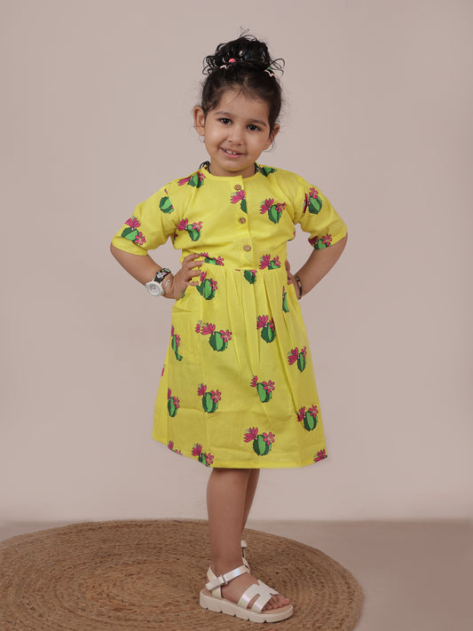 Cute Cactus Bright Yellow Cotton Dress - 01