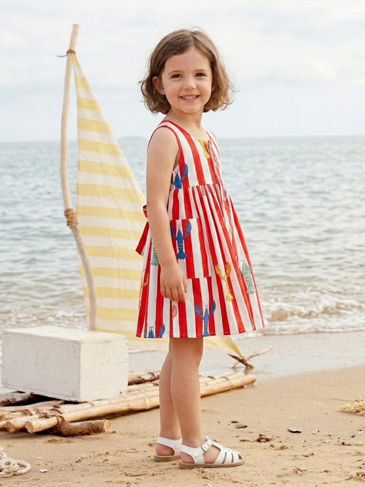 Red Lobster Stripe Dress- For Girls Cotton Frock 122