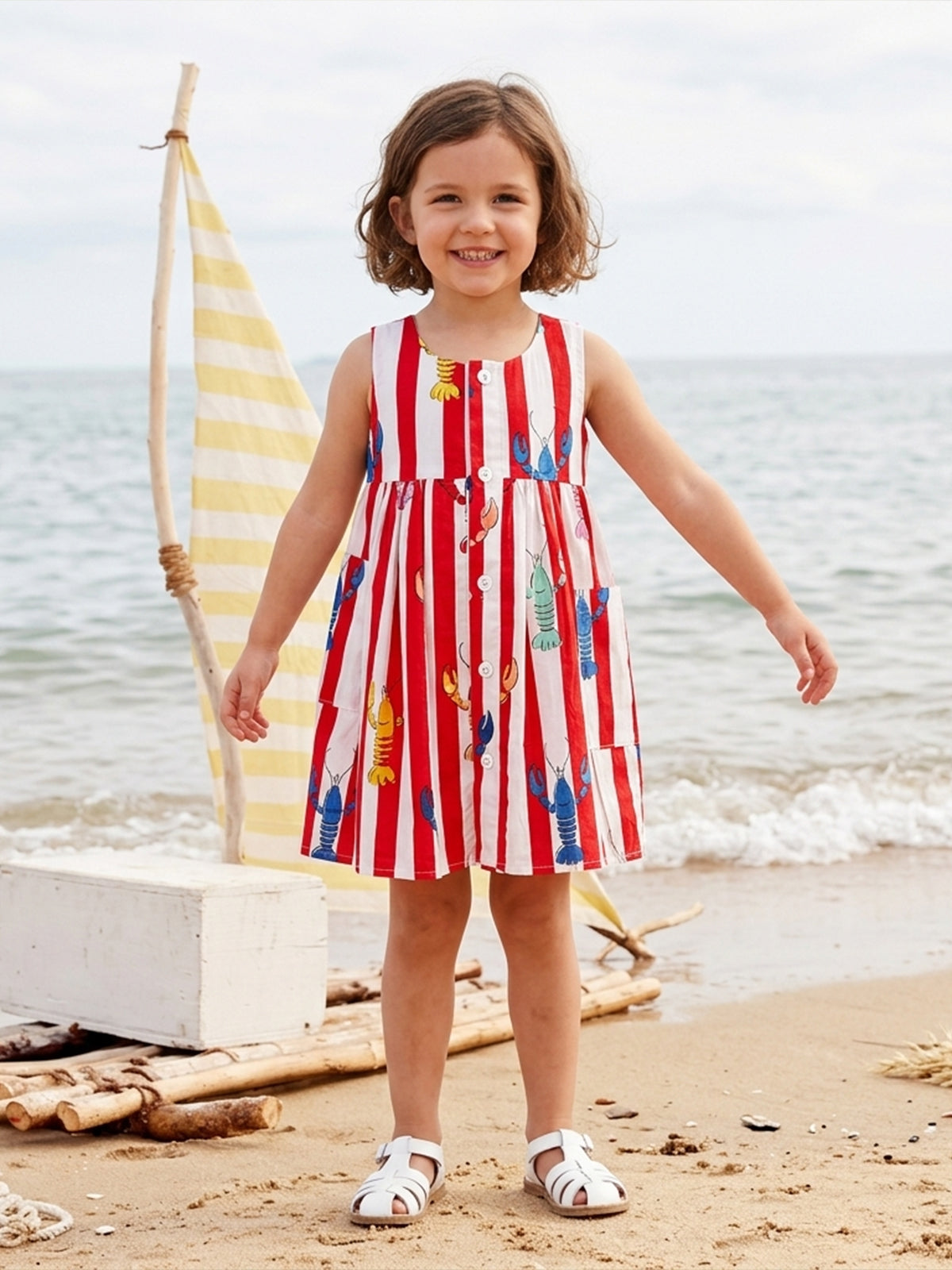 Red Lobster Stripe Dress- For Girls Cotton Frock 122