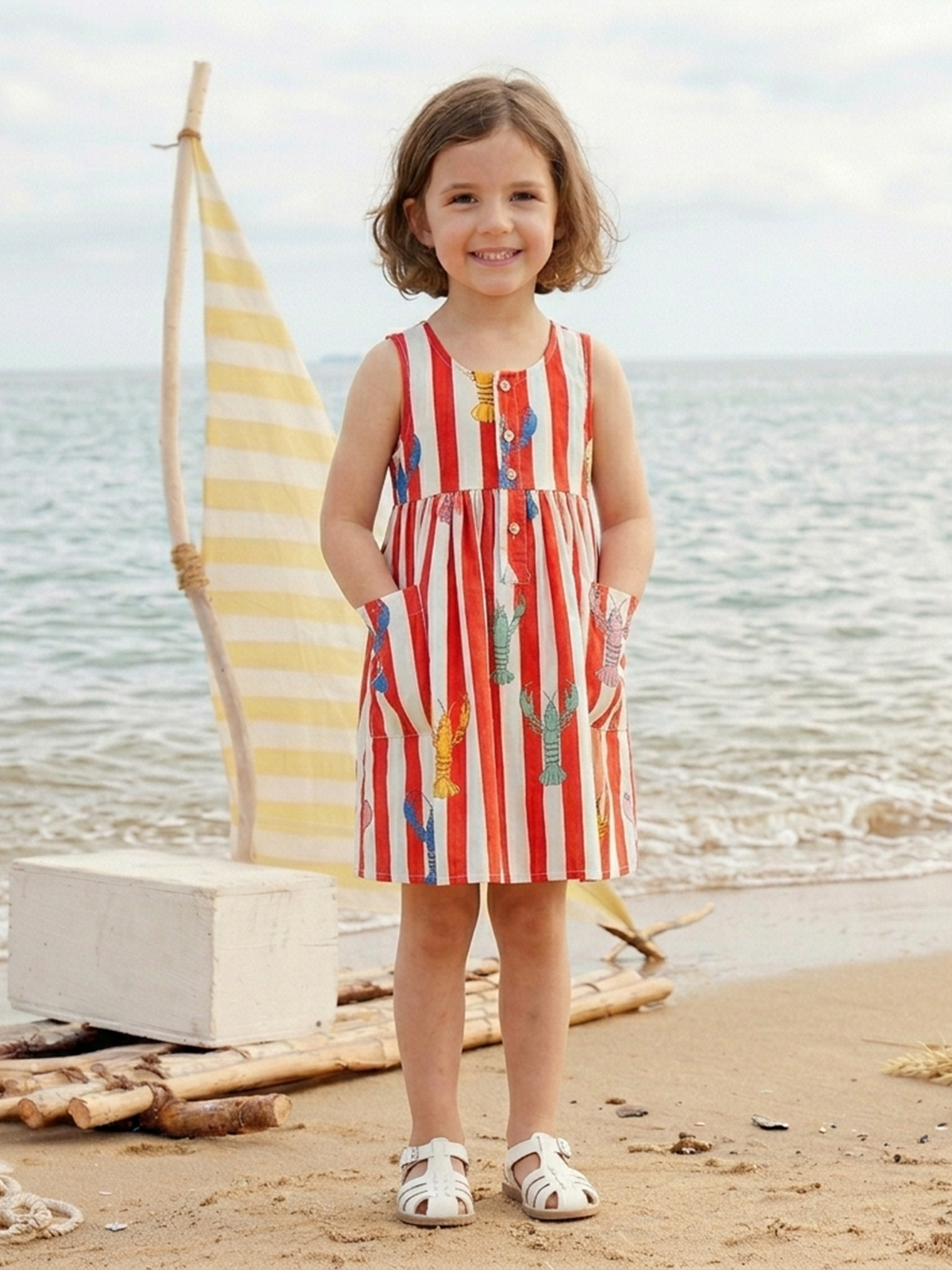 Red Lobster Stripe Dress- For Girls Cotton Frock 122