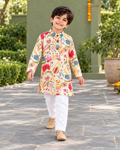 Boys Handblook Print Kurta Pajama Set - White Colour 147
