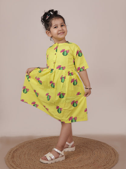 Cute Cactus Bright Yellow Cotton Dress - 01