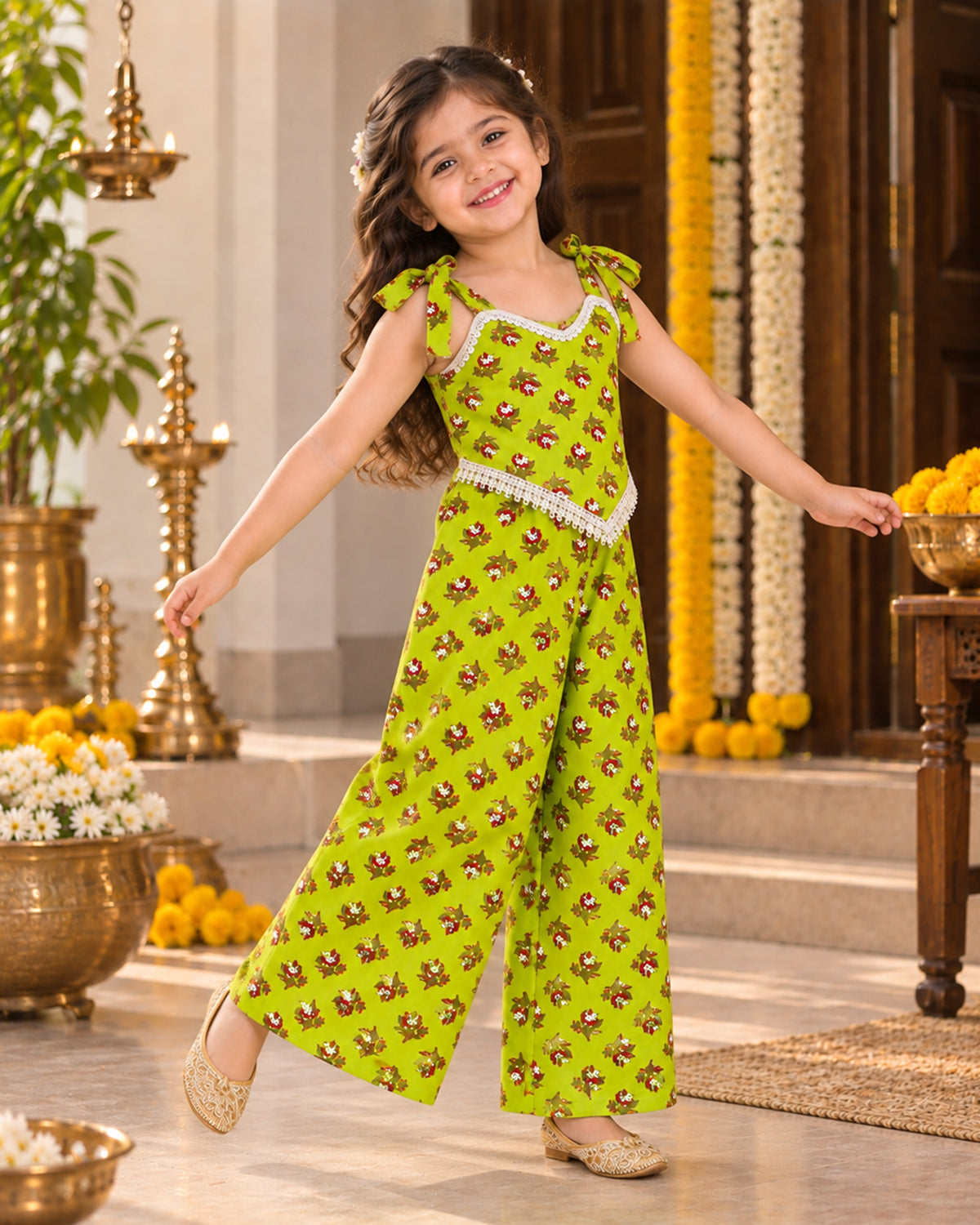 Girls Ethnic Palazzo Set - Green Colour 159