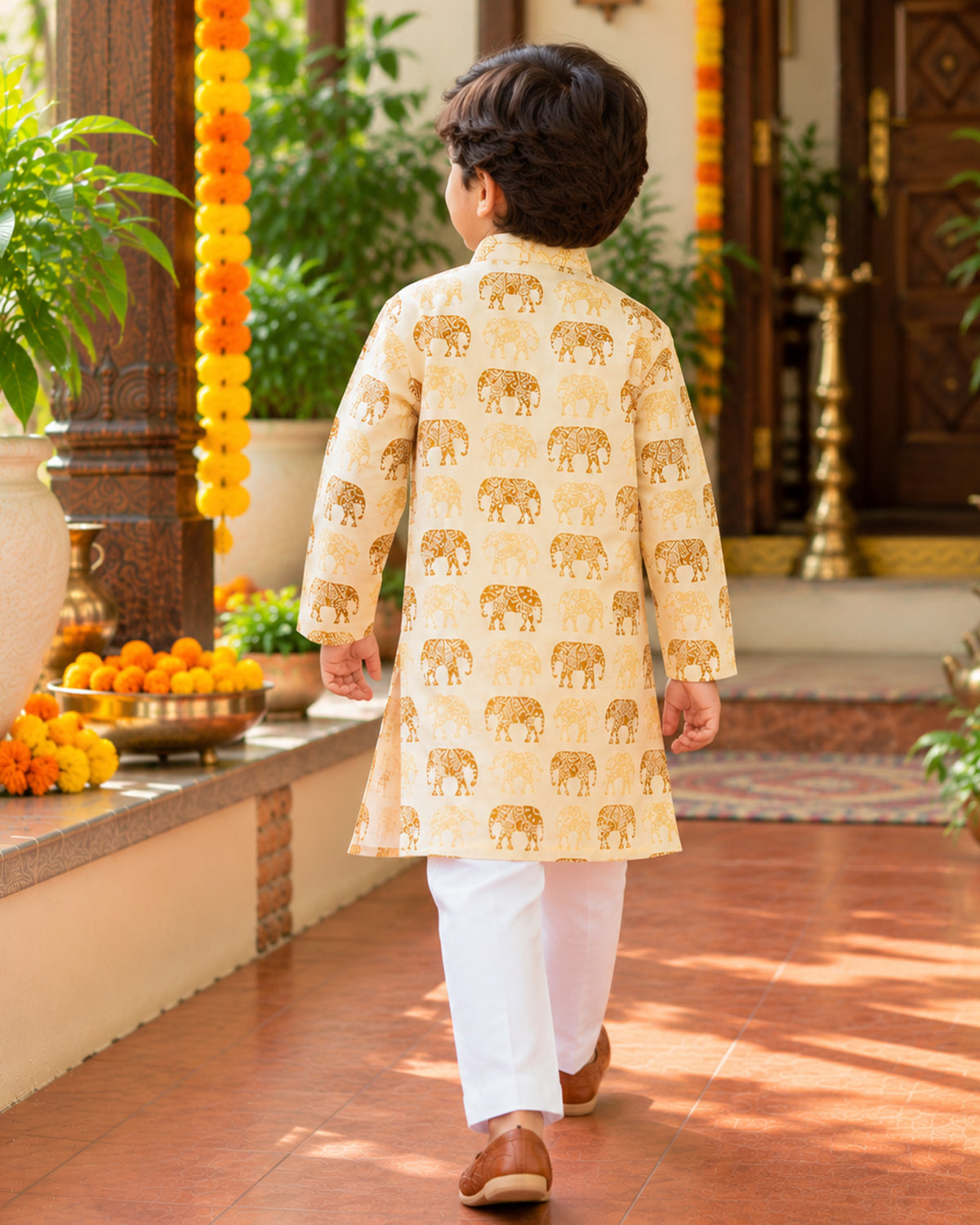 Boys Handblook Print Kurta Pajama Set - Elephant 155