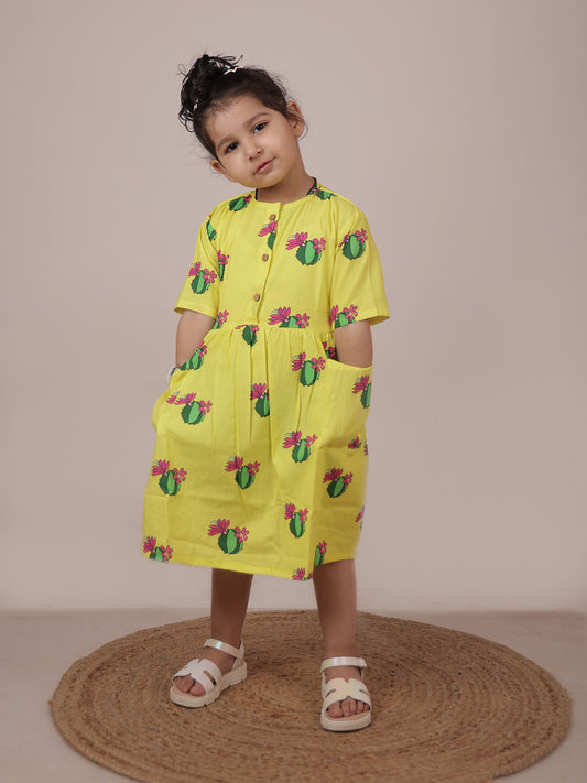 Cute Cactus Bright Yellow Cotton Dress - 01