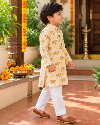 Boys Handblook Print Kurta Pajama Set - Elephant 155