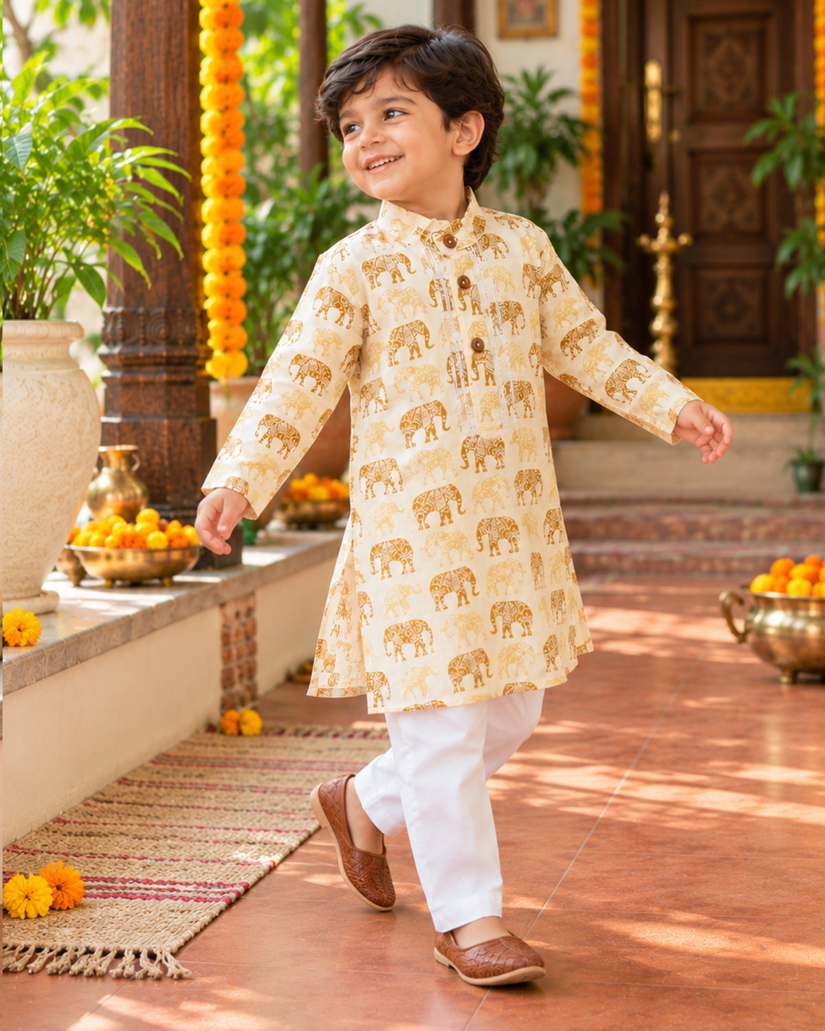 Boys Handblook Print Kurta Pajama Set - Elephant 155
