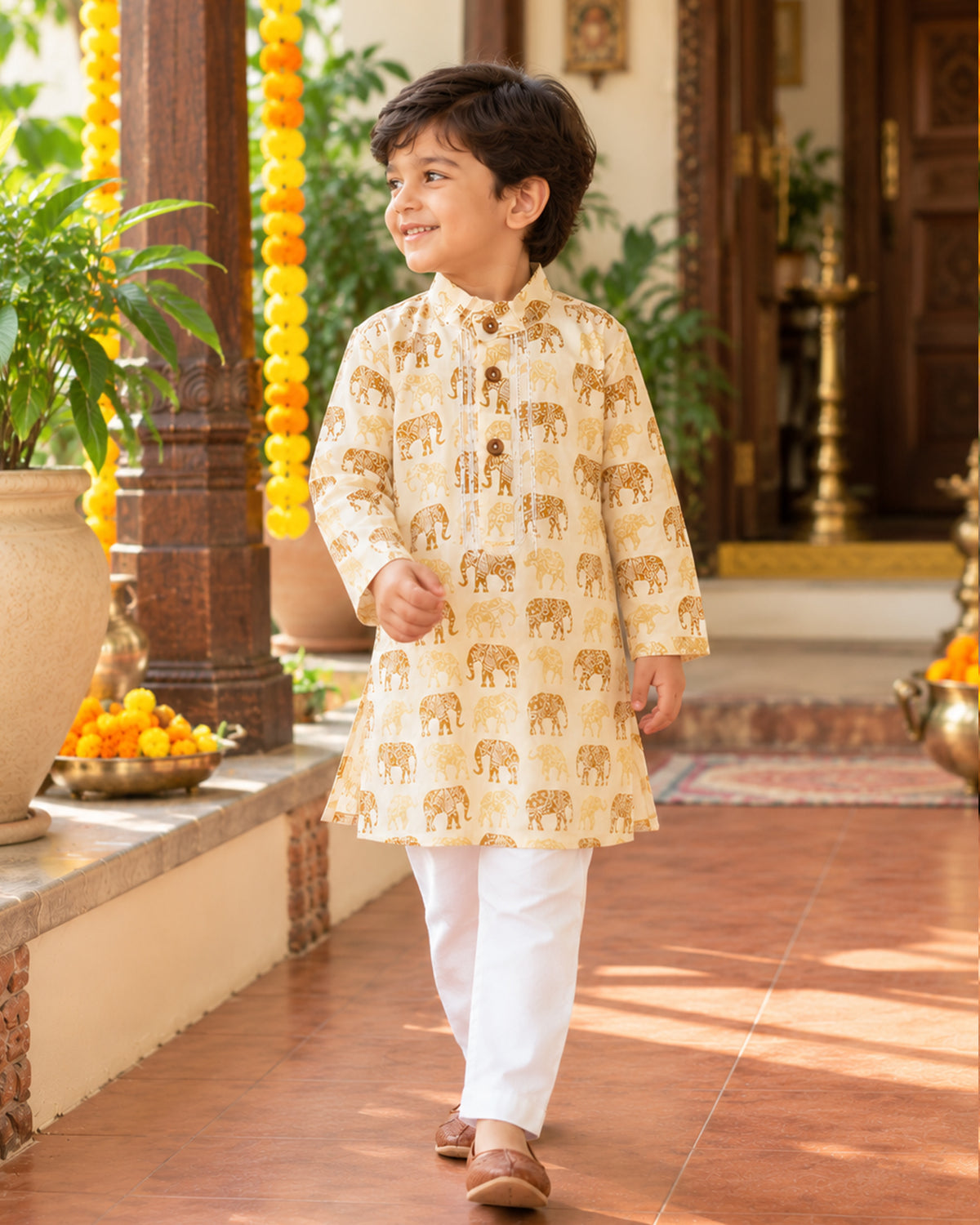 Boys Handblook Print Kurta Pajama Set - Elephant 155