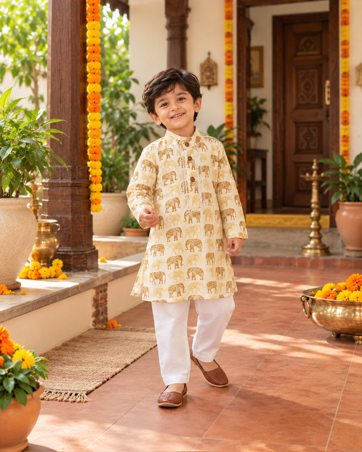Boys Handblook Print Kurta Pajama Set - Elephant 155