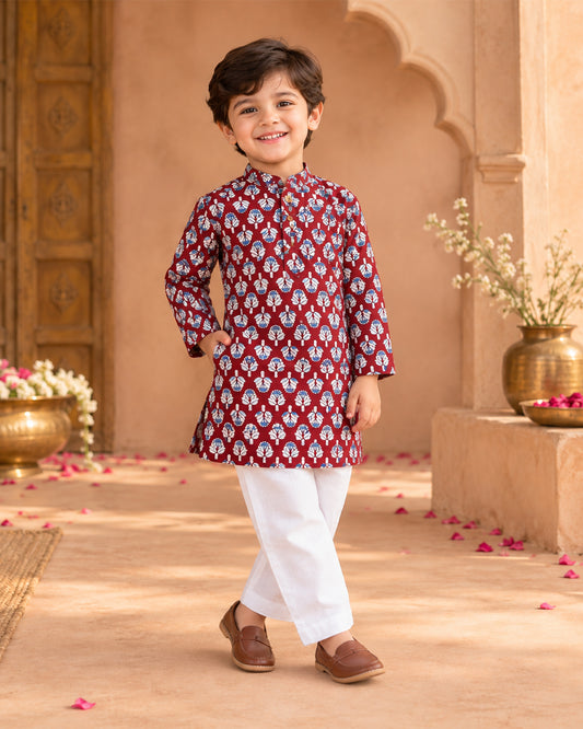 Boys Handblook Print Kurta Pajama Set -Maroon Colour 150