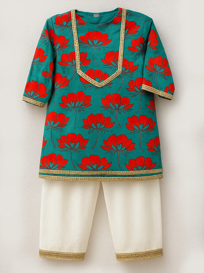 Girls Cotton Kurta Pajama Set – Aqua Flower Print - 74