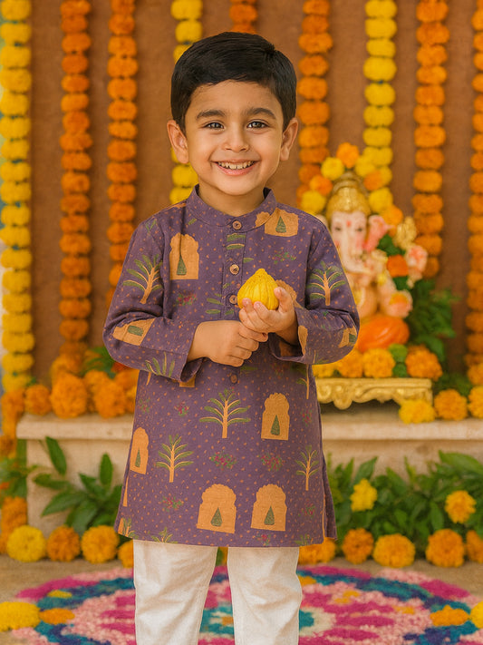 Boys Cotton Jharoka Floral Print Kurta Pajama Set - 71