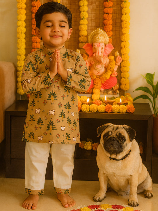 Boys Cotton Cow Pichwai Print Kurta Pajama Set - 70