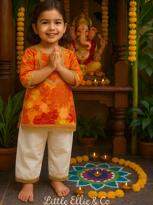 Girls Cotton Kurta Pajama Set – Orange Floral Bloom - 72
