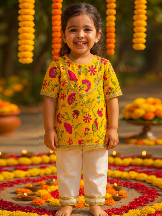 Girls Kurta Pajama Set – Yellow Bird & Floral Embroidery - 73