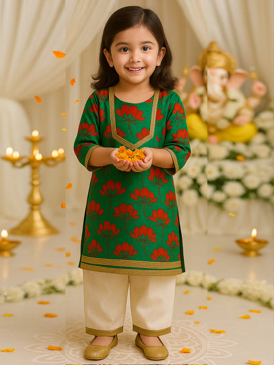 Girls Cotton Kurta Pajama Set – Aqua Flower Print - 74