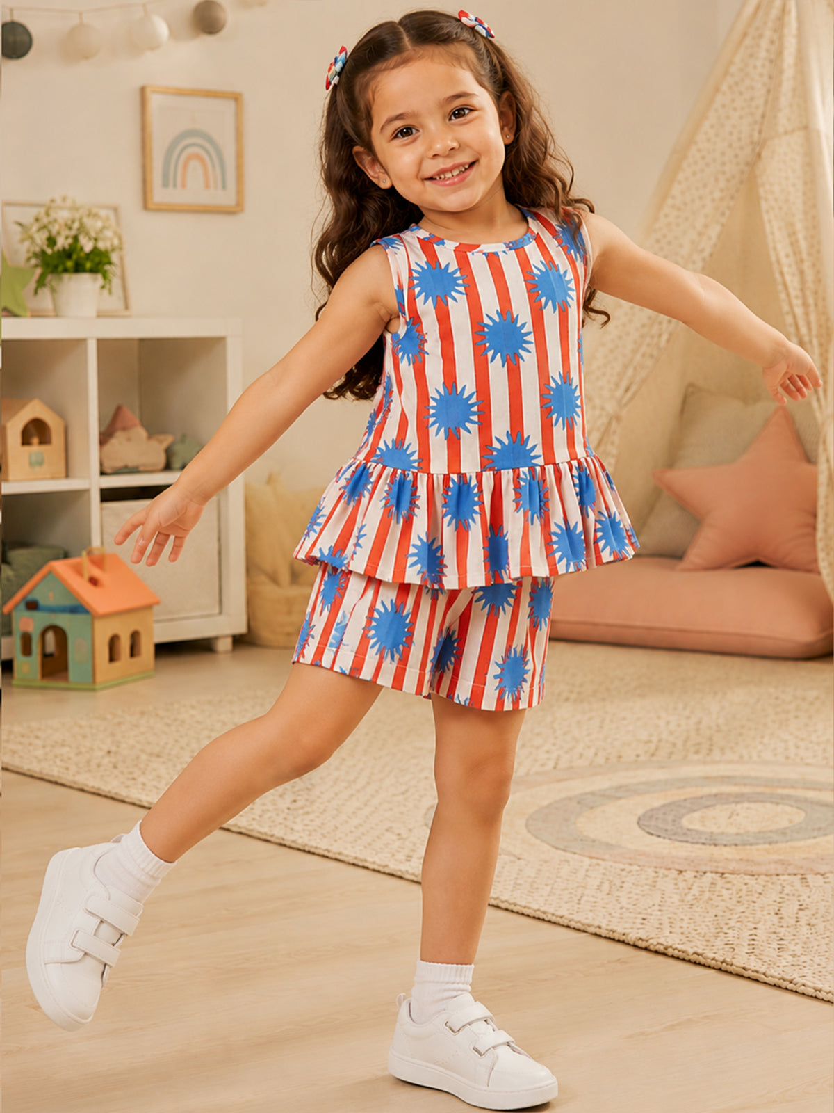 Red Stripes Crop Top & Shorts Set For Girls - 129