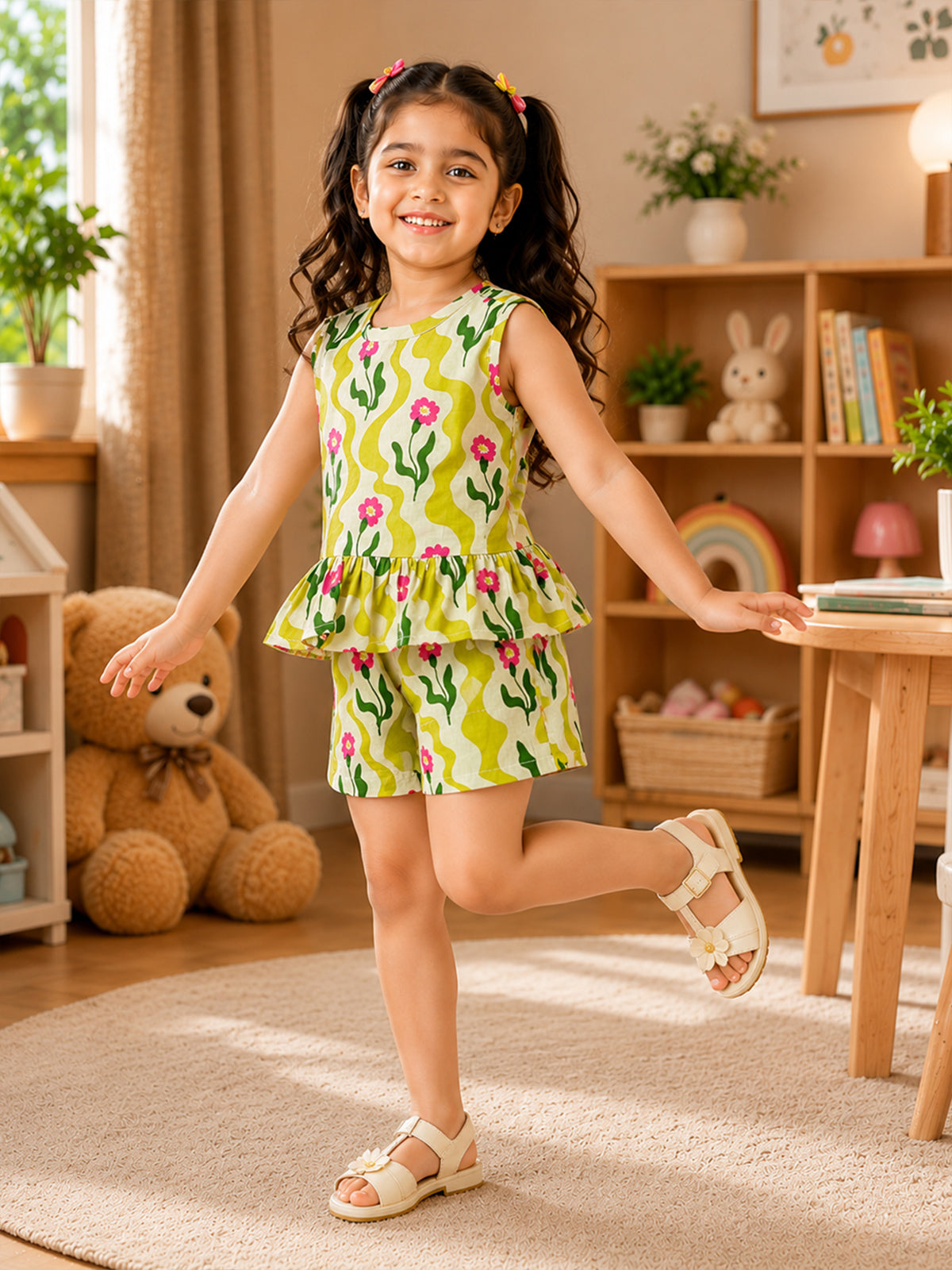 Girls Floral Cherry Printed Pure Cotton Top with Shorts Frock - 128