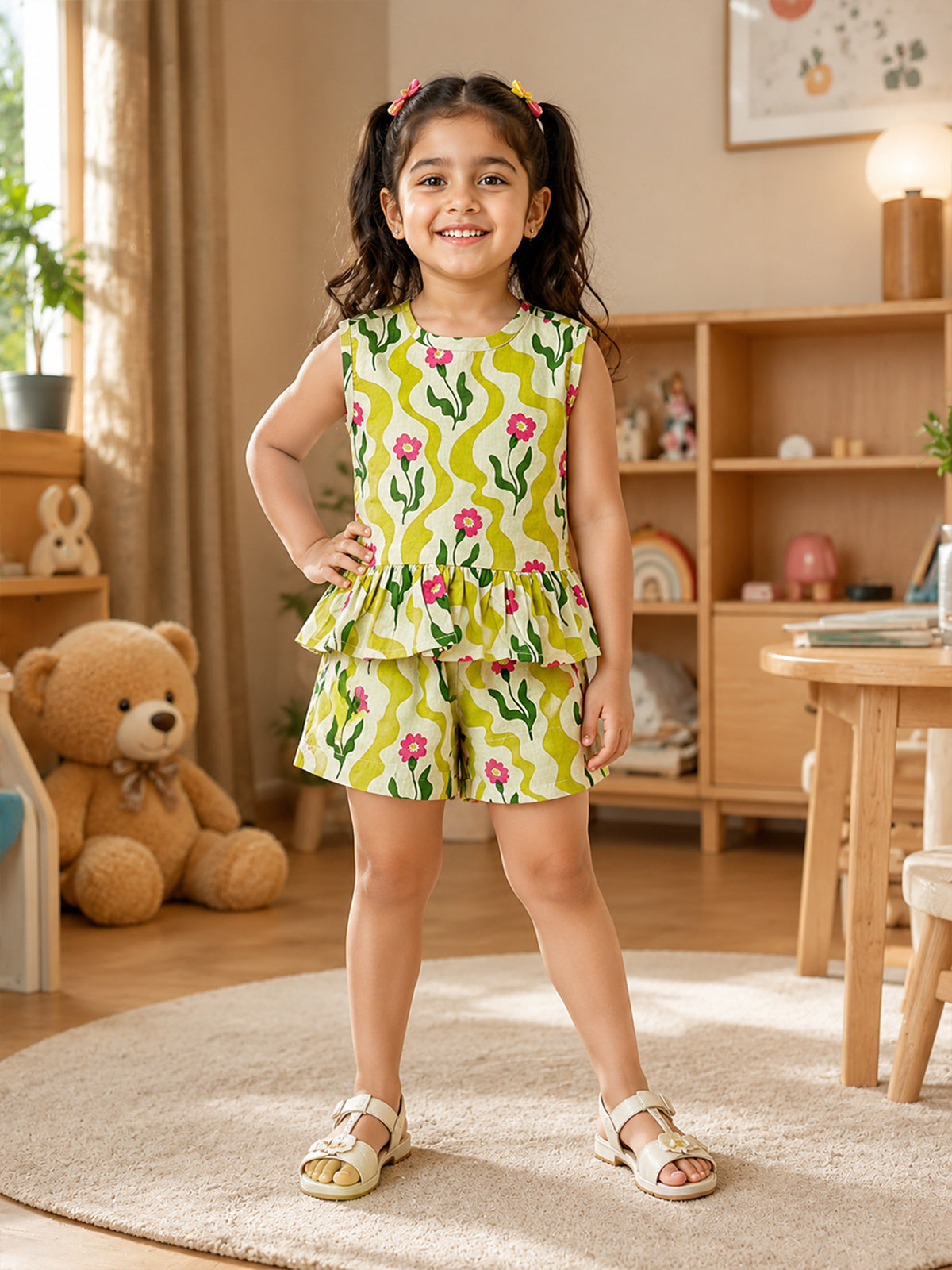 Girls Floral Cherry Printed Pure Cotton Top with Shorts Frock - 128