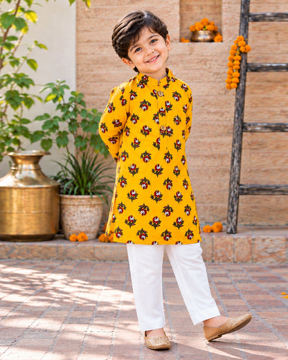 Boys Handblook Print Kurta Pajama Set - Yellow Colour 147