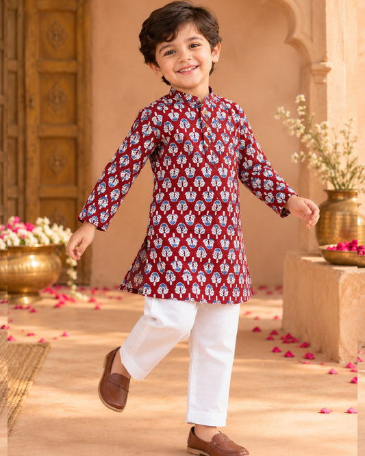 Boys Handblook Print Kurta Pajama Set -Maroon Colour 150