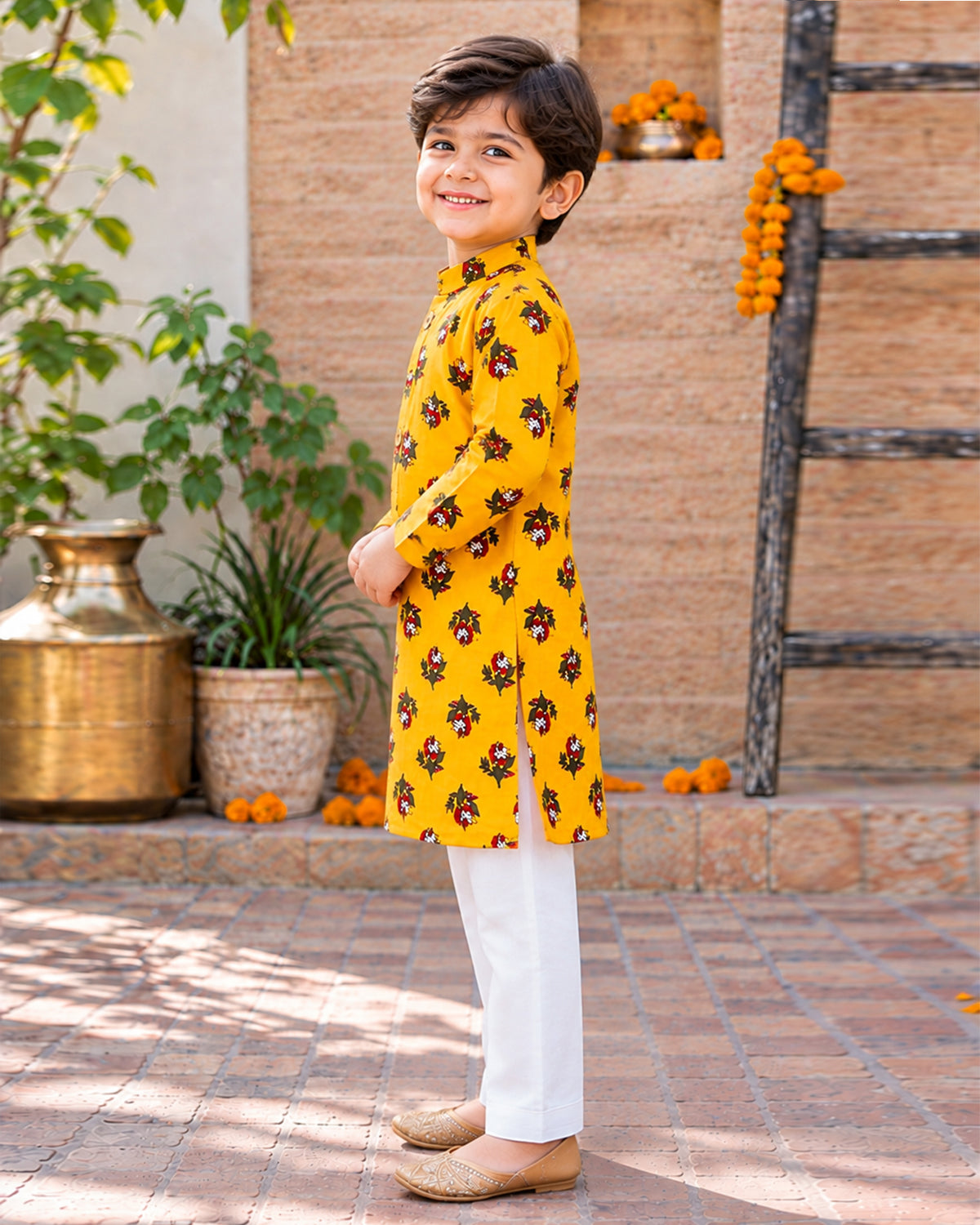 Boys Handblook Print Kurta Pajama Set - Yellow Colour 147