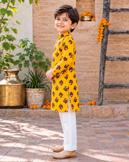 Boys Handblook Print Kurta Pajama Set - Yellow Colour 147