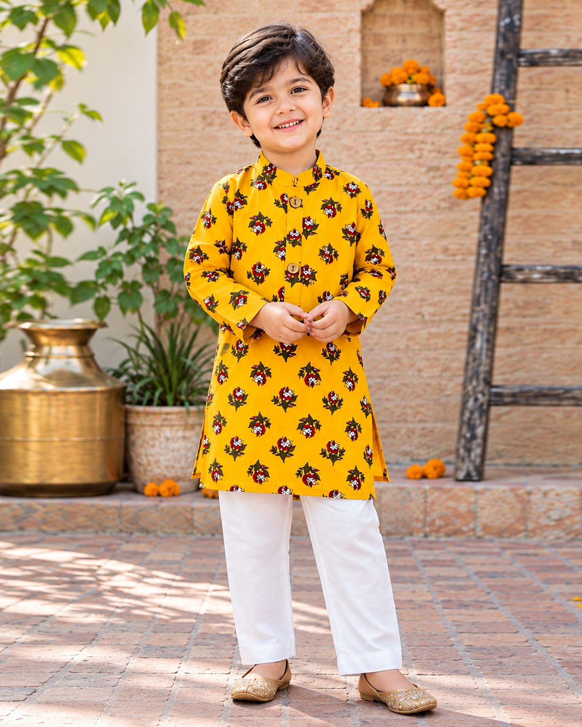 Boys Handblook Print Kurta Pajama Set - Yellow Colour 147